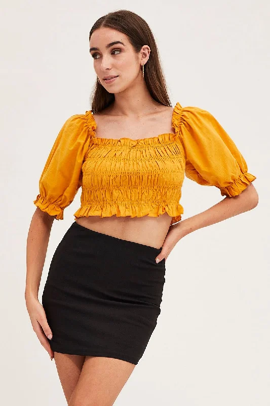 Women's Trendy Clothes Orange Crop Top Short Sleeve Shirred