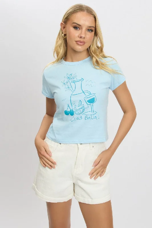 Women's Elegant Formal Outfit Blue Graphic Tee Short Sleeve