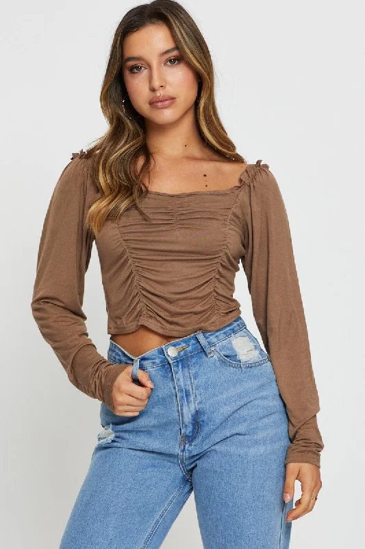 Chic Women's Garments Brown Crop Top Long Sleeve