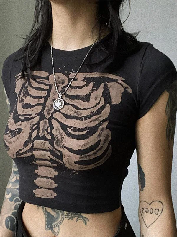 Clothes For Woman Cosybreezee - Black Vintage Crop Top with Skeleton logo