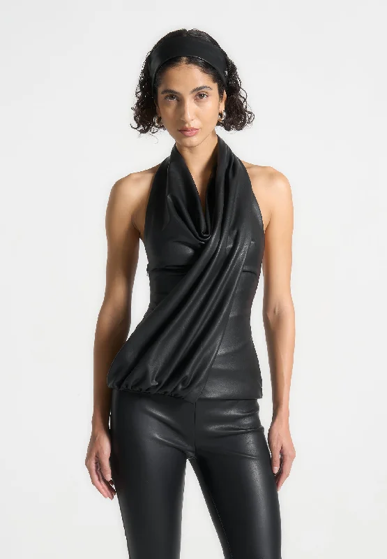 Women's Clothing Sale Leather Draped Halterneck Top - Black