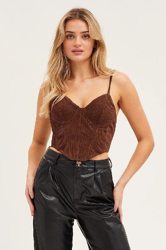 Trendy Outfits For Girls Brown Corset Top Sleeveless Crop Corduroy