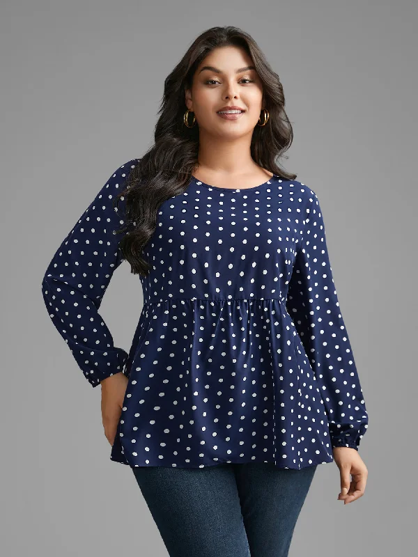 Timeless Women's Fashion Styles Polka Dot Gathered Lantern Sleeve Blouse