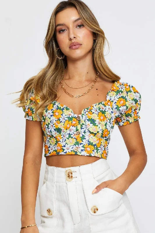 Affordable Women's Attire Print Crop Top Off Shoulder Short Sleeve