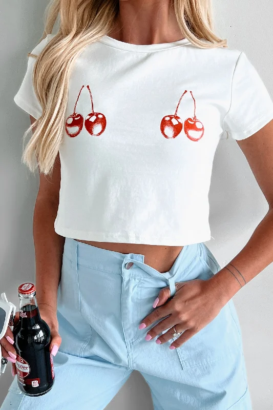 Women's Clothing And Garments Sets Caught You Staring Cherry Graphic Tee (Off White)