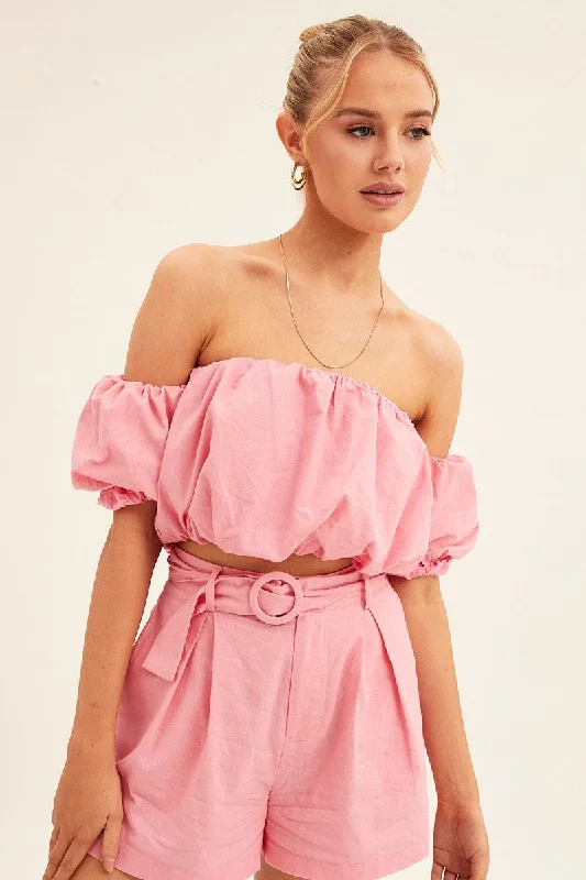 Women's Weekend Outfit Pink Crop Top Off Shoulder Puff Sleeve