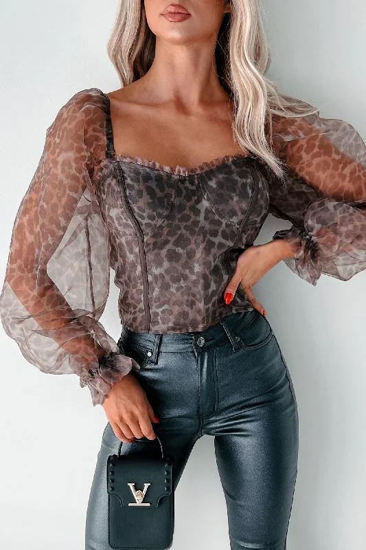 Modern Casual Clothing Slay Everyday Leopard Organza Puff Sleeve Top (Leopard)