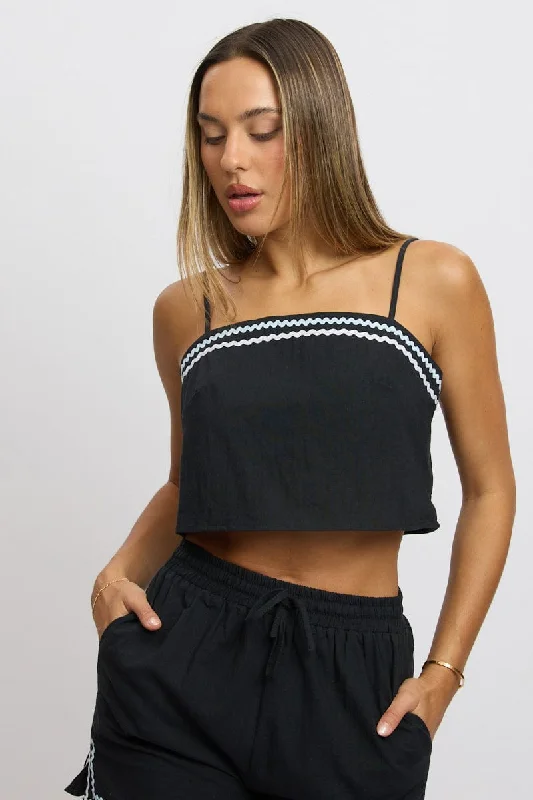 Women's Vintage-Inspired Outfit Black Cami Top Sleeveless Ric Rac