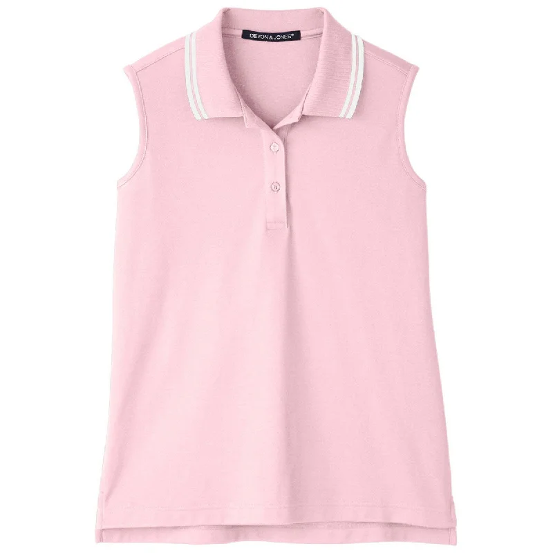 Women's Casual Garments Devon & Jones Women's Pink/White CrownLux Performance Plaited Tipped Sleeveless Polo