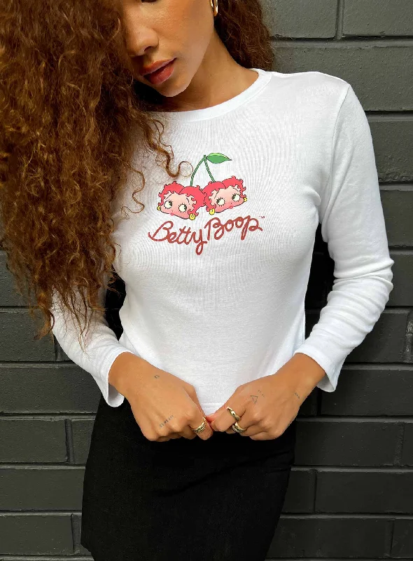 Street Style Fashion Betty Boop Cherry Girl Long Sleeve Top White