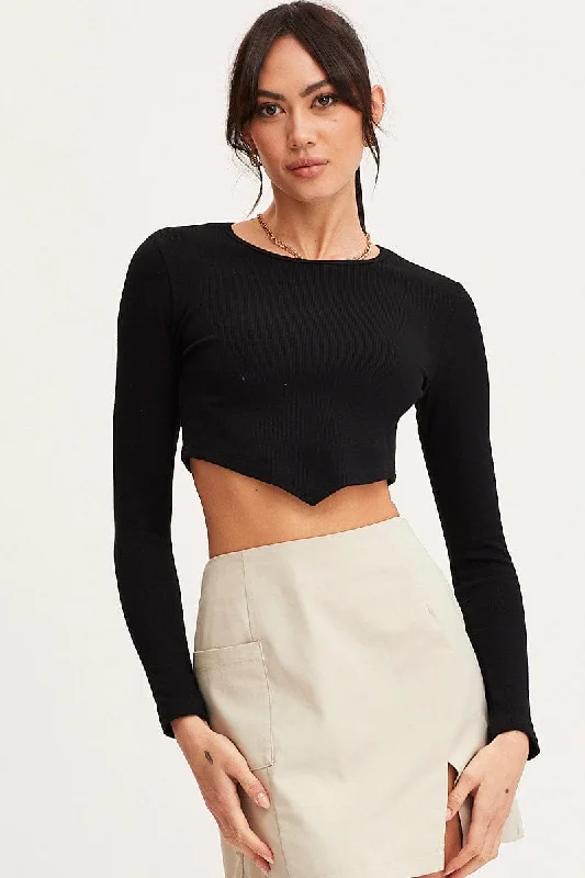 Women's Evening Garments Black Crop Top Long Sleeve Crew Neck Seamless