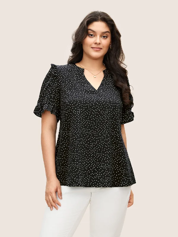 Free Spirited Fashion Polka Dot V Neck Ruffle Trim Blouse