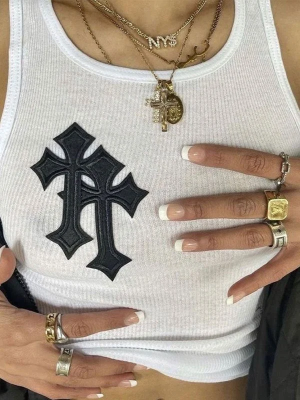 Affordable Women's Garments Cosybreezee - White Ribbed Crop Tank Top with Cross Patch