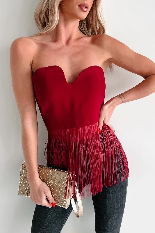 Elegant Styles Diva On Duty Asymmetric Fringe Top (Burgundy)