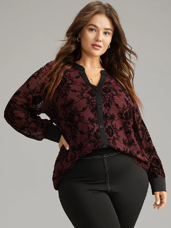 Women's Transitional Apparel Floral Print Mesh V Neck Blouse