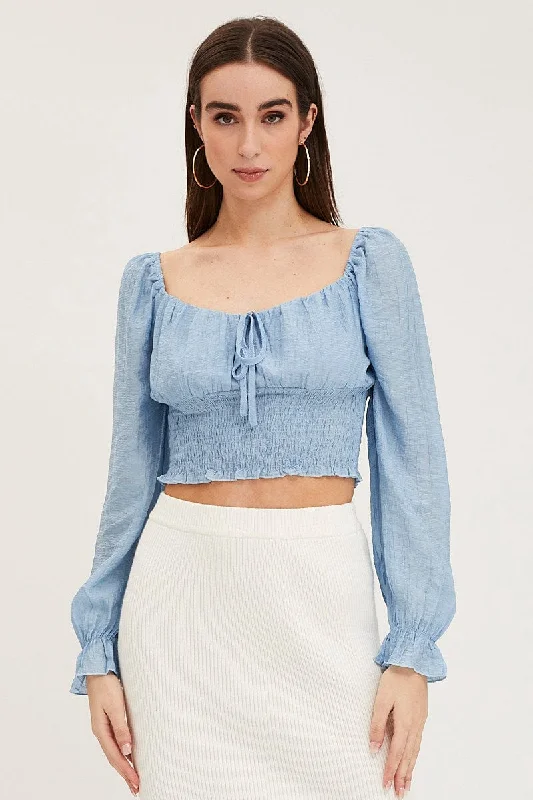 Clothing For Women Blue Crop Top Long Sleeve