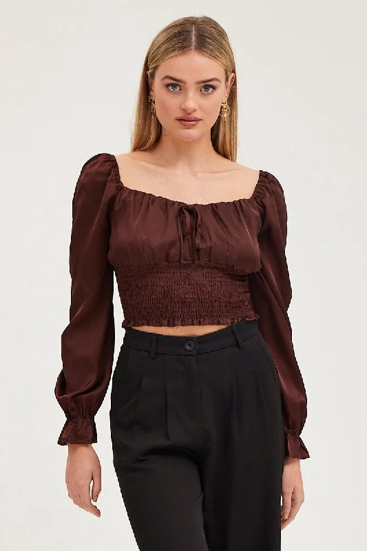 Big Sale Event Brown Crop Top Long Sleeve