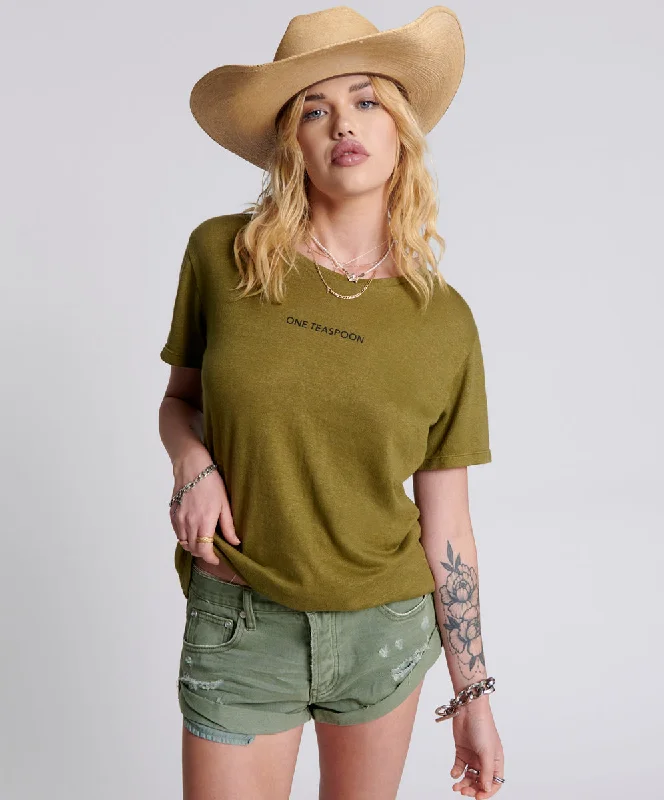 Stylish Savings ONE TEASPOON LINEN WIDE NECK TEE KHAKI