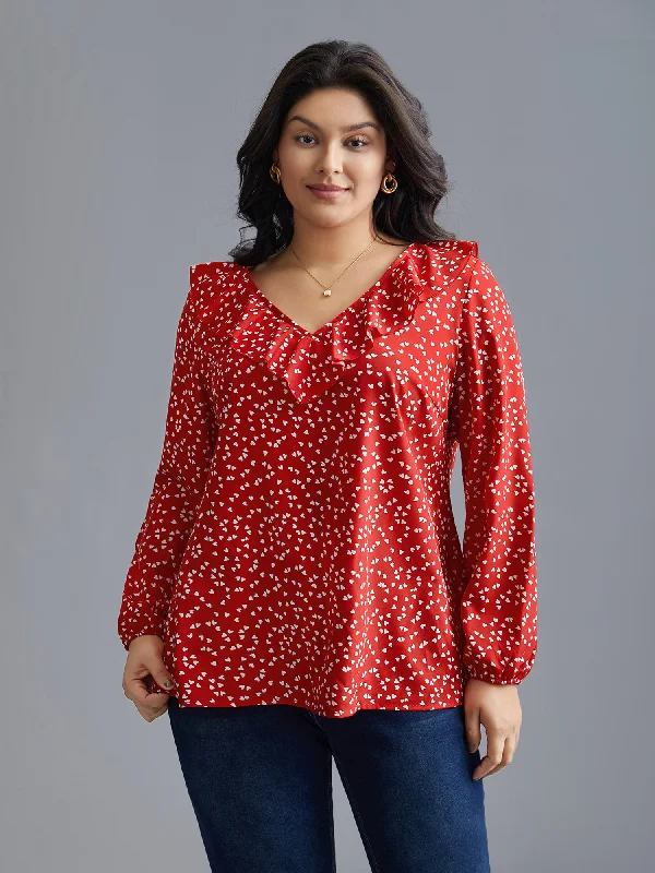 Women's Work Outfit For The Office V Neck Ruffle Heart Blouse