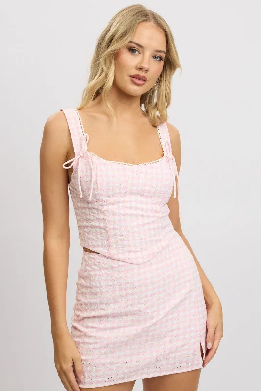 Women's Apparel Pink Check Crop Top Sleeveless Corset Broderie