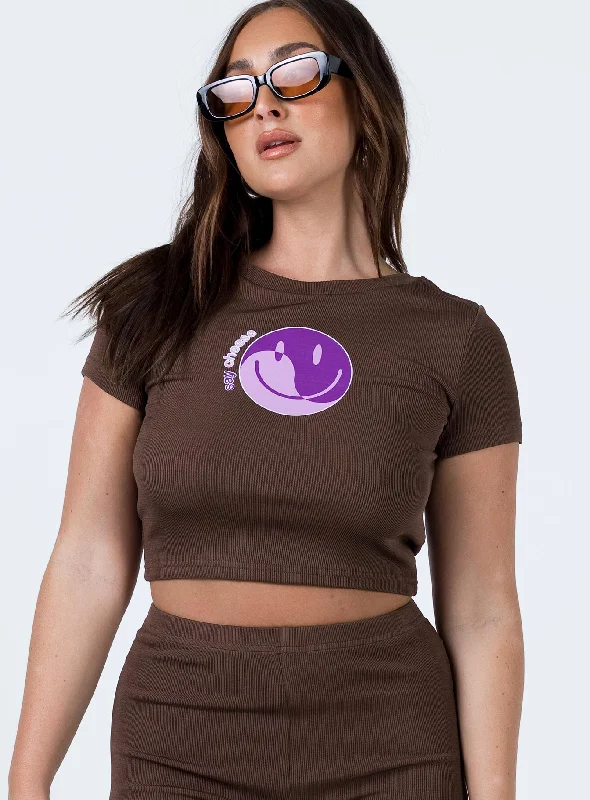 Women's Cozy Outfit For Lounging Say Cheese Tee Brown