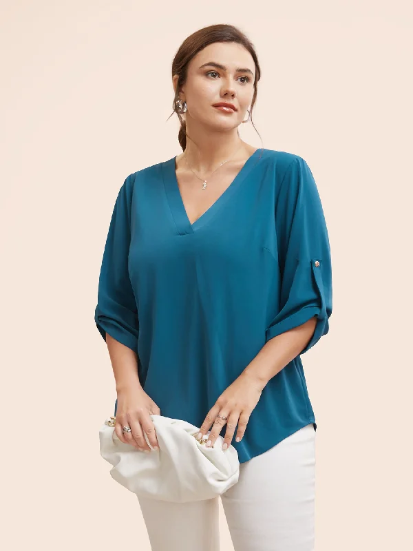 Women Wear Boutique Solid Cuffed Sleeve Gathered Curved Hem Blouse