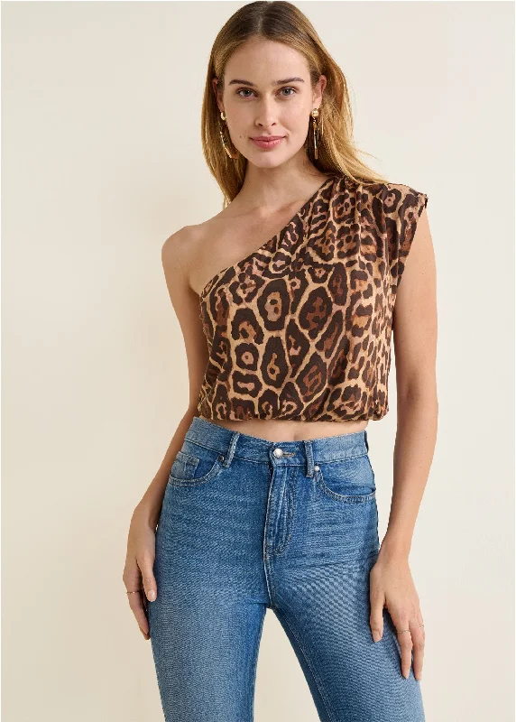 Women's Urban Fashion One-Shoulder Crop Top - Brown & Black