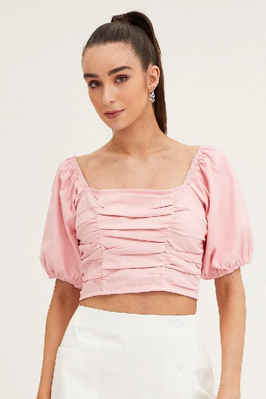 Women Clothes Pink Crop Top Short Sleeve