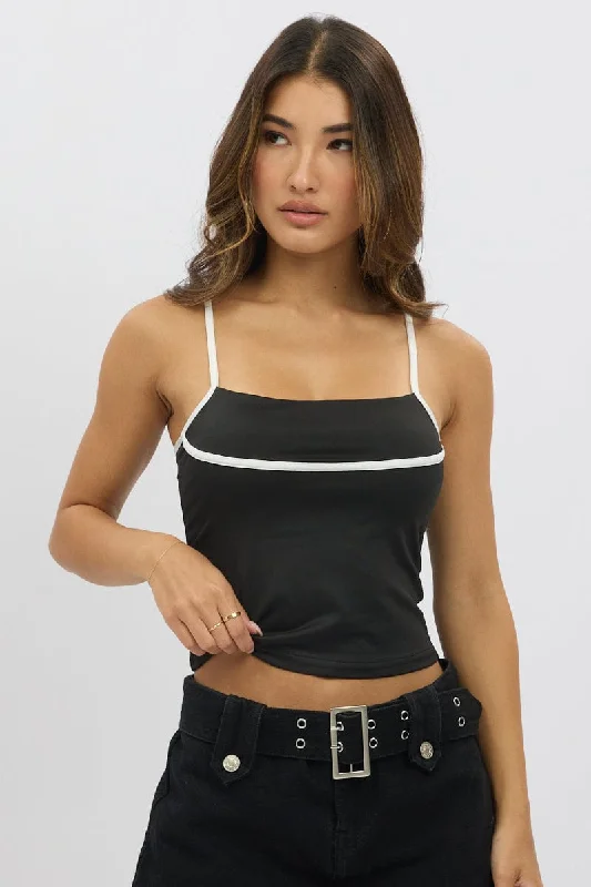 Affordable Women's Fashion Black Singlet Top Contrast Piping