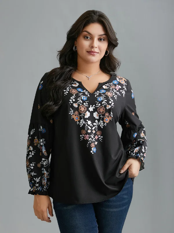 Women's Elegant Outfit Floral Puffy Sleeve V-Neck Blouse