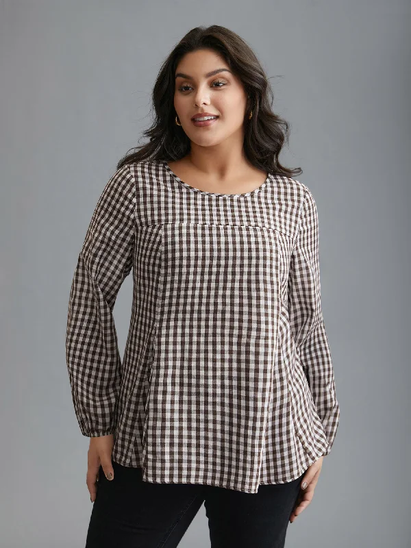 Effortless Chic for Women Gingham Elastic Cuff Round Neck Shirt