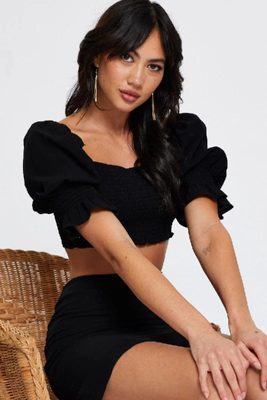 Season Sale Black Crop Top Short Sleeve Round Neck