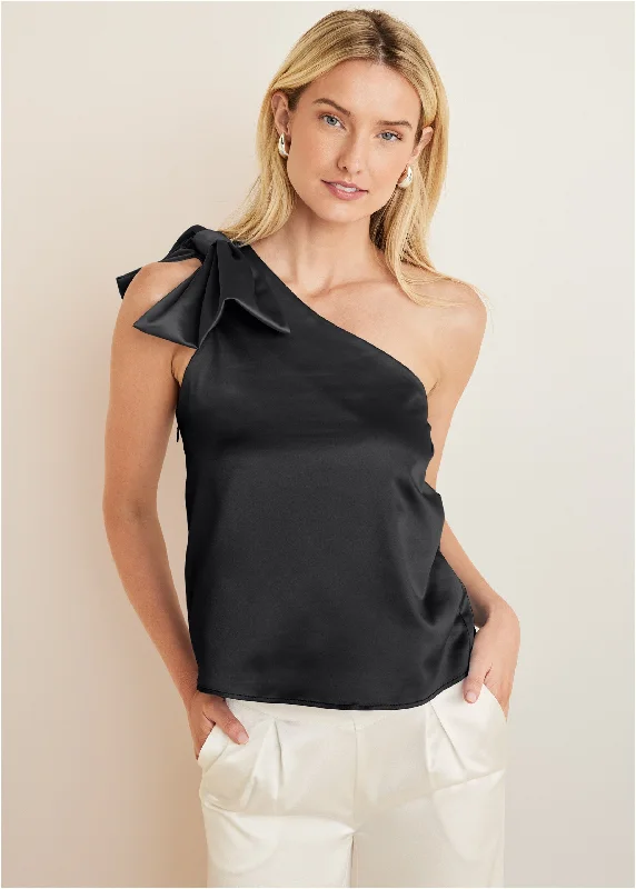 Stylish Savings Bow Detail One-Shoulder Top - Black