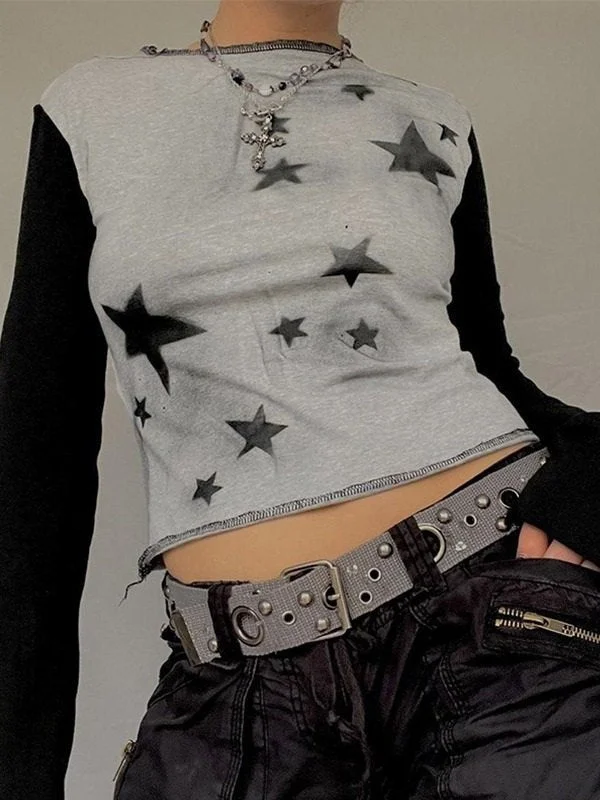 Women's Vacation Attire Cosybreezee - Vintage Star Long Sleeve Crop Top with Stitches Details