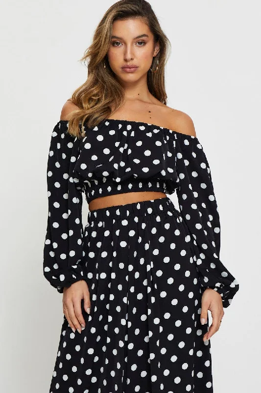 Women's Timeless Attire Polka Dot Crop Top Long Sleeve Off Shoulder