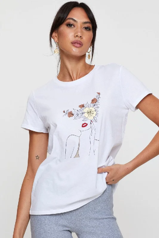 Women's High-Fashion Apparel White Graphic T Shirt Short Sleeve