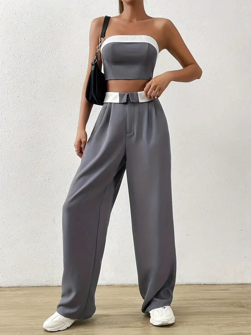 Online Boutiques Clothing Cosybreezee - Contrast Vintage Off Shoulder Tube Top & Pants Two Piece Set