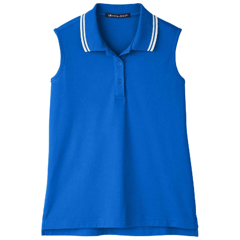 Affordable Luxury Women's Garments Devon & Jones Women's French Blue/White CrownLux Performance Plaited Tipped Sleeveless Polo