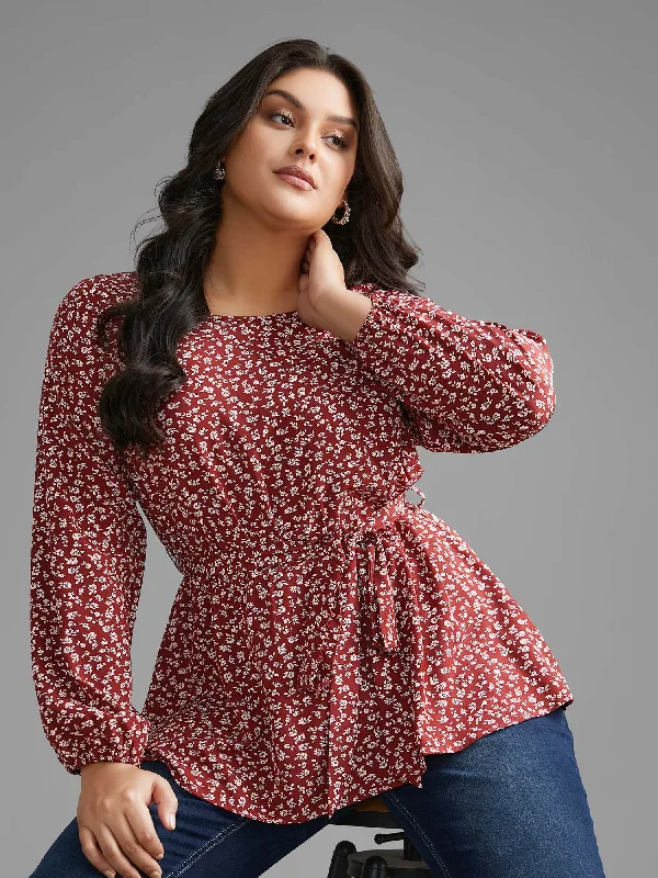 Holiday Discount Ditsy Floral Lantern Sleeve Belted Blouse