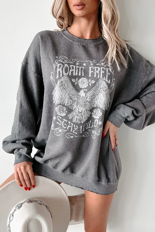 Women's Formal Apparel "Roam Free" Oversized Distressed Graphic Sweatshirt (Charcoal)