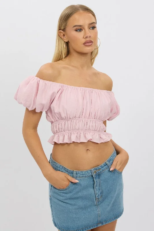 Women's Comfy Loungewear Outfit Pink Ruffle Crop Top Puff Sleeve