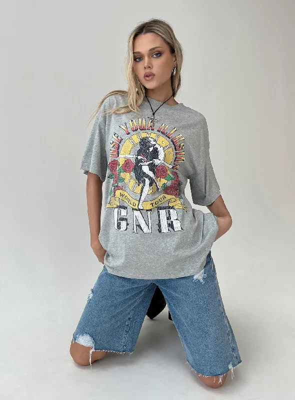 Affordable Women's Outfit Guns & Roses Illusion Oversized Tee Grey