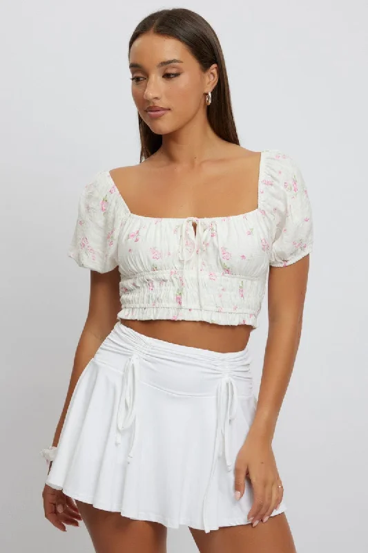 Formal Attire For Women White Ditsy Crop Top Short Sleeve Ruched Bust