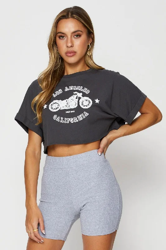 Trend Alert Grey Graphic T Shirt Short Sleeve Crop