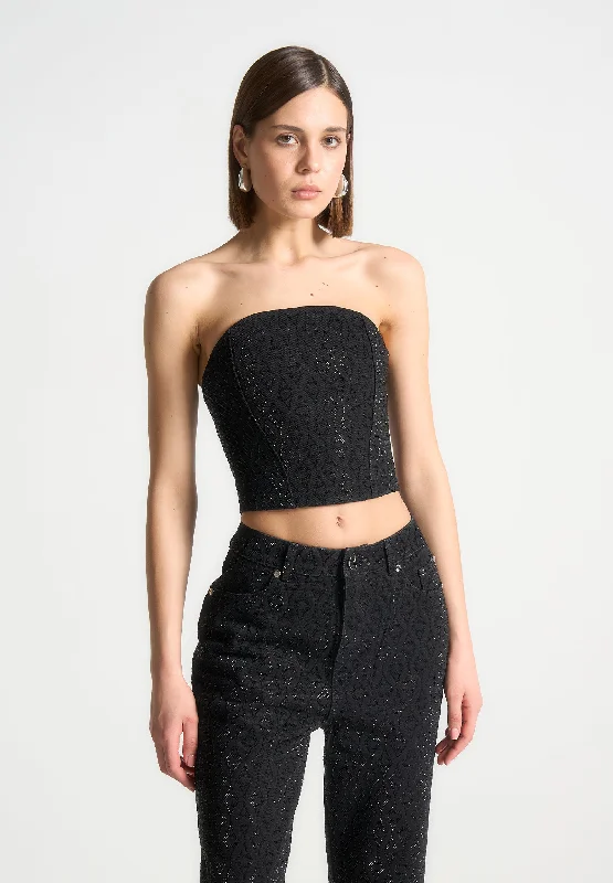 Clothing Sales Rhinestone Eiffel Denim Bandeau Corset Top - Black