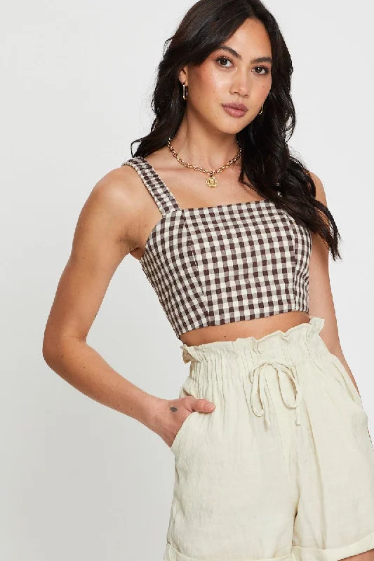 Women's Romantic Outfit Check Crop Top Sleeveless Square Neck