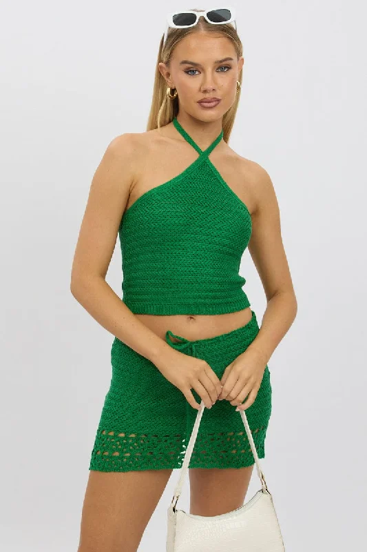 Women's Wardrobe Apparel Green Knit Top Halter Neck