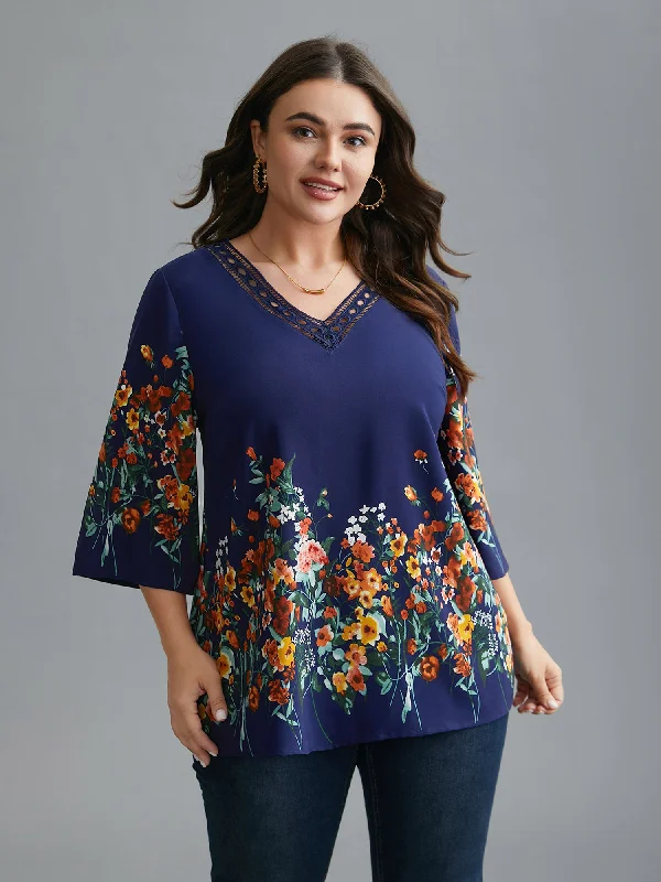 Women's Comfortable Lounge Outfit Floral V Neck Cut-Out Lace Blouse