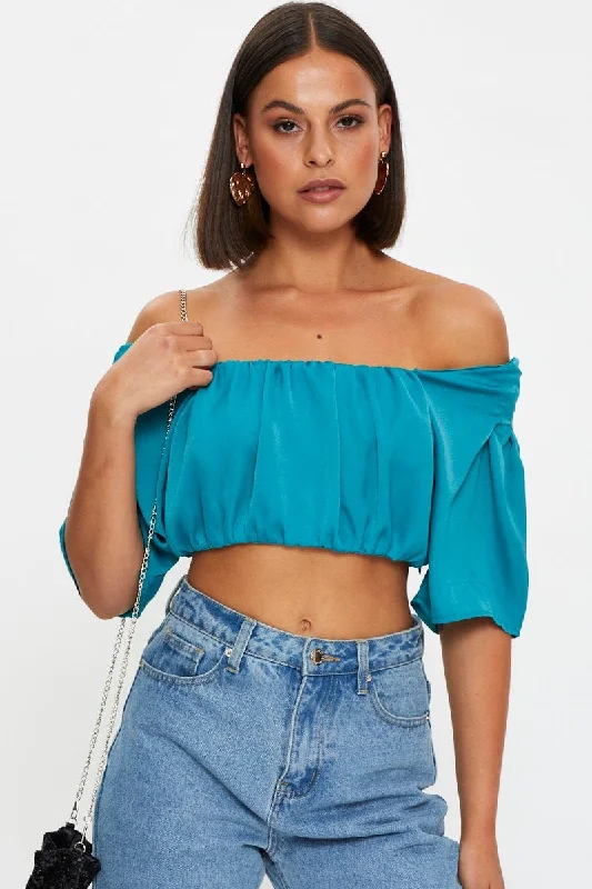 Everyday Wear Blue Crop Top Short Sleeve Satin