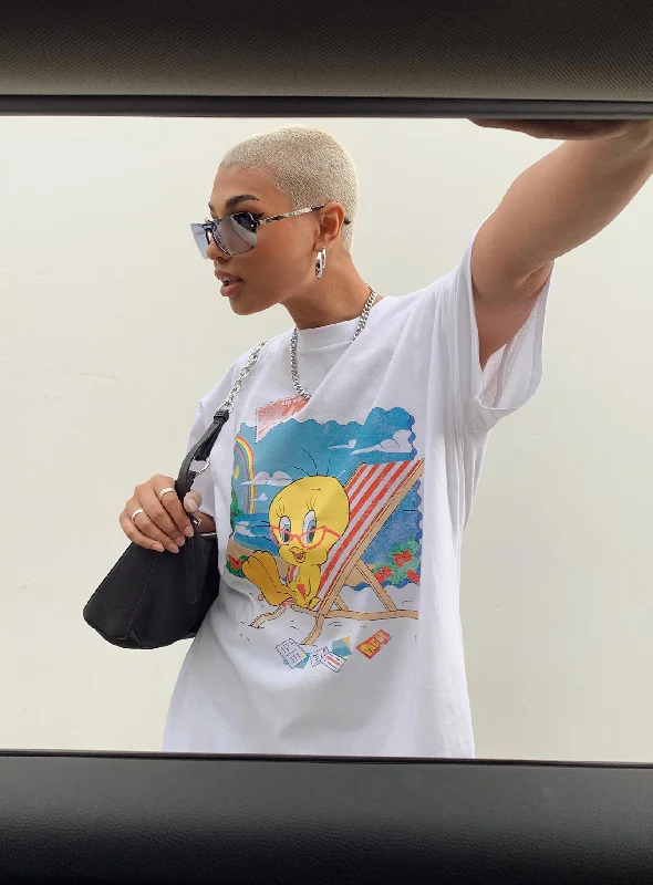 Sale On Clothing Tweety Post Card Vacation Oversized Tee White